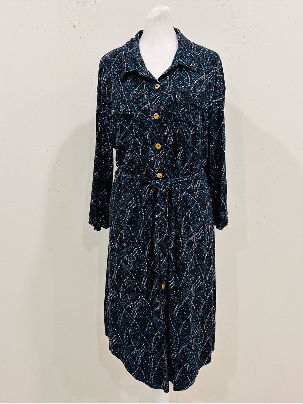 Mia Melon Women's Midi Shirt Dress XL Abstract Pattern Long Sleeve Belted Casual